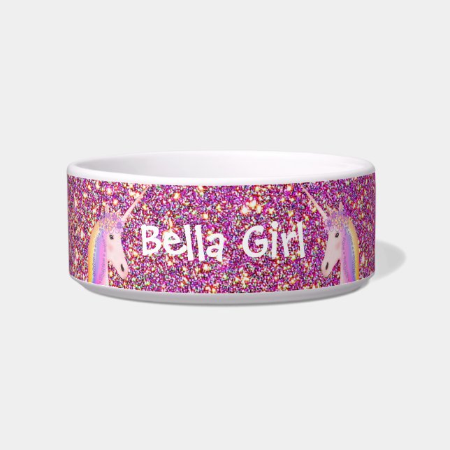 Cute Unicorn Pink Gold Glitter Personalised Pet  Bowl (Front)