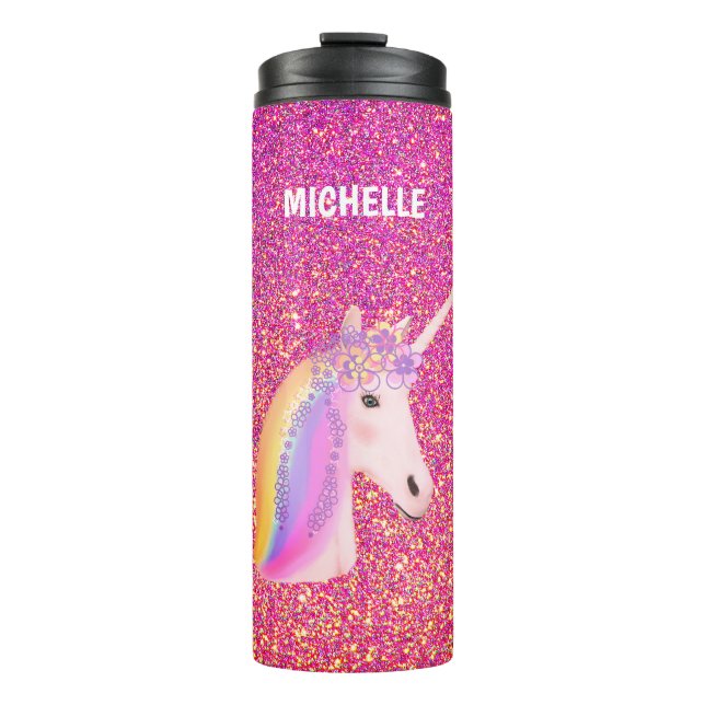 Cute Unicorn Pink Gold Glitter Personalised  Thermal Tumbler (Front)