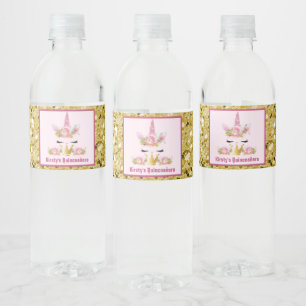 Cute Unicorn Pink Gold Glitter Quinceañer Water Bottle Label