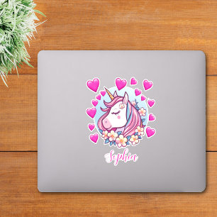 Cute Unicorn, Pink Hearts & Flowers, Custom Name