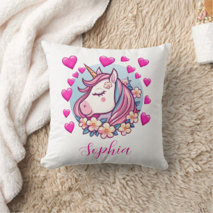 Cute Unicorn, Pink Hearts & Flowers, Custom Name Cushion