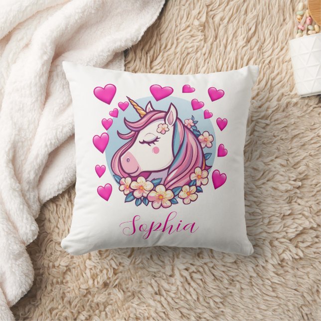 Cute Unicorn, Pink Hearts & Flowers, Custom Name Cushion (Blanket)