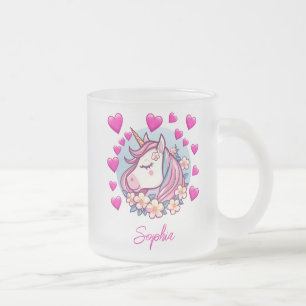 Cute Unicorn, Pink Hearts & Flowers, Custom Name Frosted Glass Coffee Mug