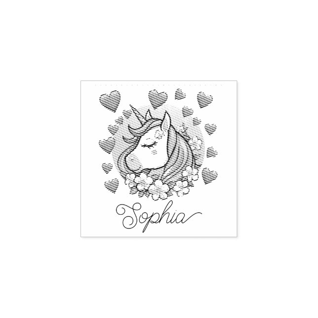 Cute Unicorn, Pink Hearts & Flowers, Custom Name Rubber Stamp (Imprint)