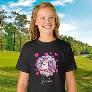 Cute Unicorn, Pink Hearts & Flowers, Custom Name T-Shirt