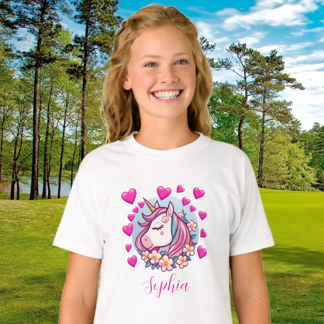 Cute Unicorn, Pink Hearts & Flowers, Custom Name T-Shirt (Creator Uploaded)