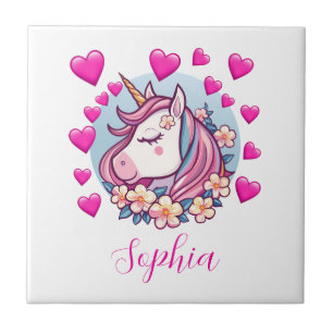 Cute Unicorn, Pink Hearts & Flowers, Custom Name Tile