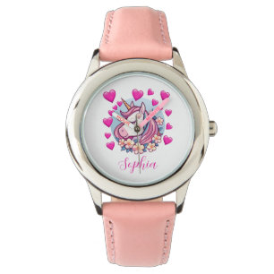 Cute Unicorn, Pink Hearts & Flowers, Custom Name Watch