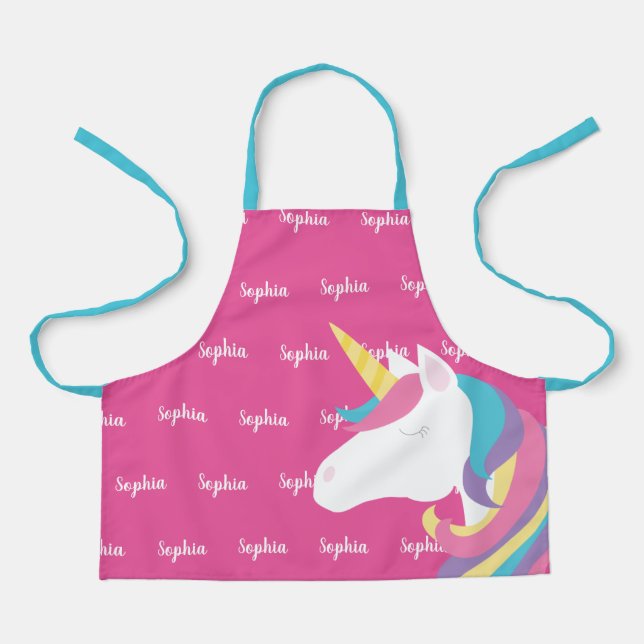 Cute Unicorn Pink Personalised Kids Apron (Front)