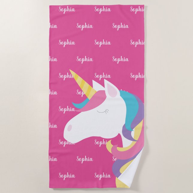 Cute Unicorn Pink Personalised Kids Beach Towel (Front)