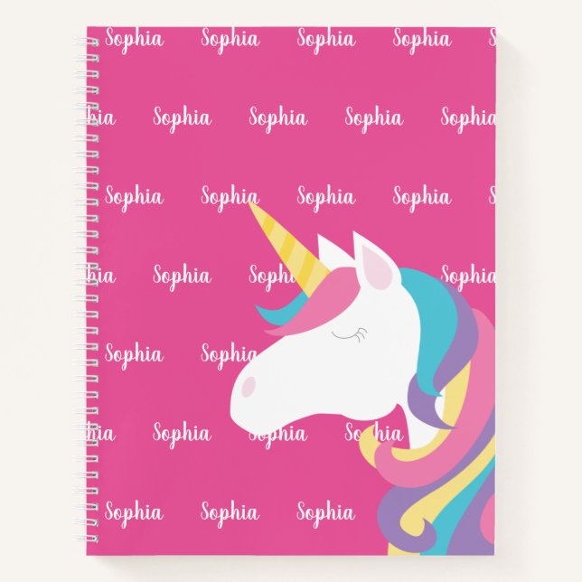 Cute Unicorn Pink Personalised Kids Notebook (Front)