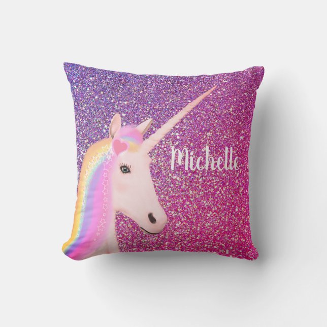 Cute Unicorn Pink Purple Glitter Ombre Sparkle Cushion (Front)