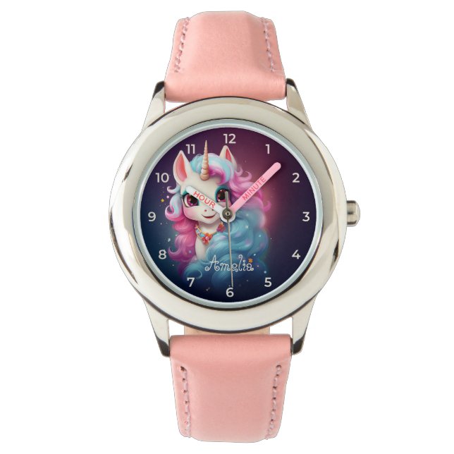 Cute Unicorn Pink & Purple Illustration Watch (Front)
