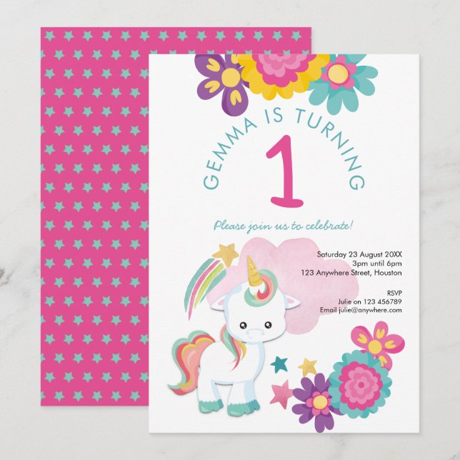 Cute Unicorn Pink Teal Girl 1st Birthday Party Invitation (Front/Back)