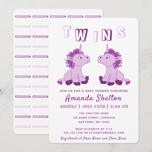 Cute Unicorn Pink Twins Girls Baby Shower Invitation (Front/Back)