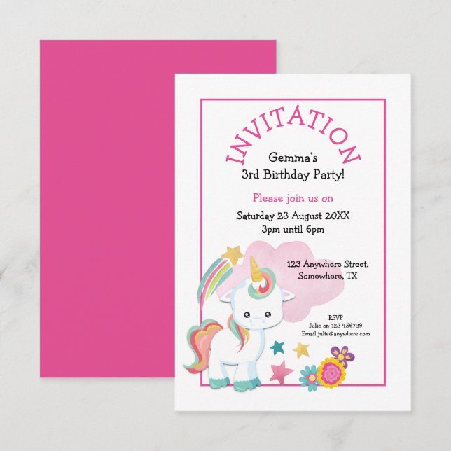 Cute Unicorn Pink Young Child Birthday Party Invitation (Front/Back)