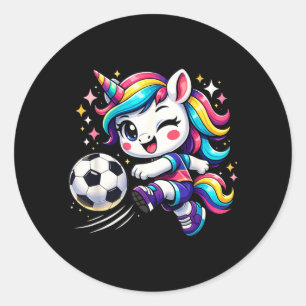 Cute Unicorn Playing Soccer Girl Classic Round Sticker
