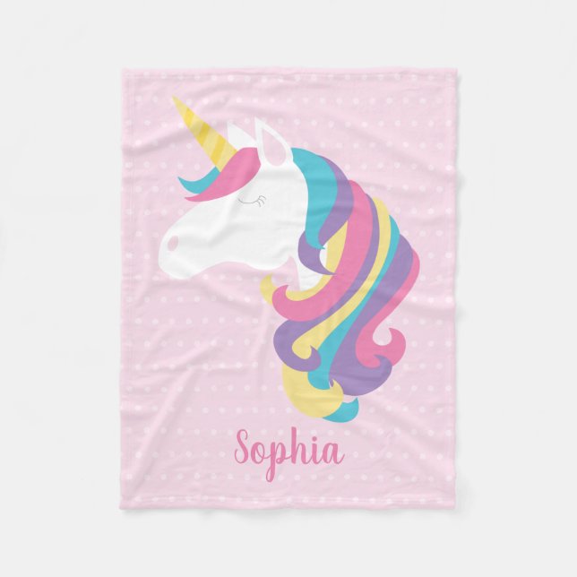 Cute Unicorn Polka Dot Personalised Fleece Blanket (Front)