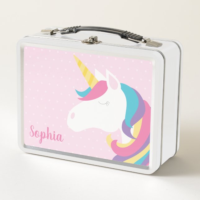 Cute Unicorn Polka Dot Personalised Girl Metal Lunch Box (Front)