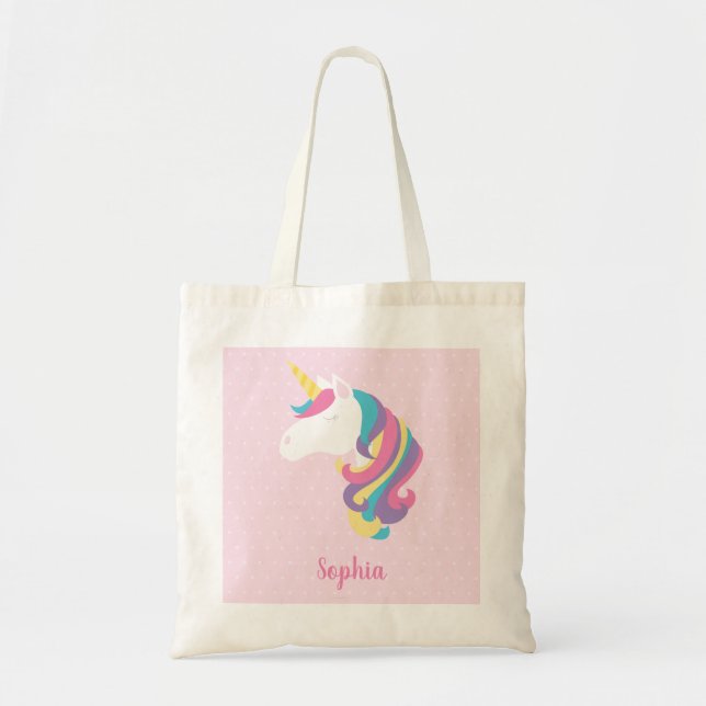Cute Unicorn Polka Dot Personalised Girl Tote Bag (Front)