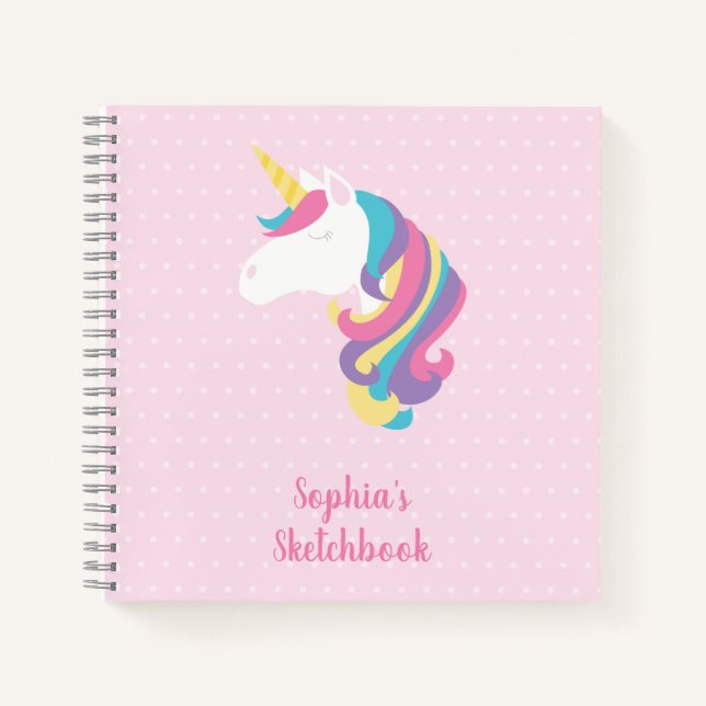 Cute Unicorn Polka Dot Personalised Sketchbook Notebook (Front)