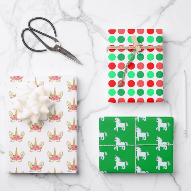 Cute Unicorn & Polka Dots on Green & White Wrapping Paper Sheet (Front)