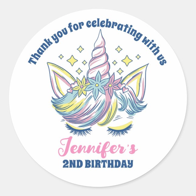 Cute Unicorn Princess Girls Birthday Party Favour Classic Round Sticker (Front)