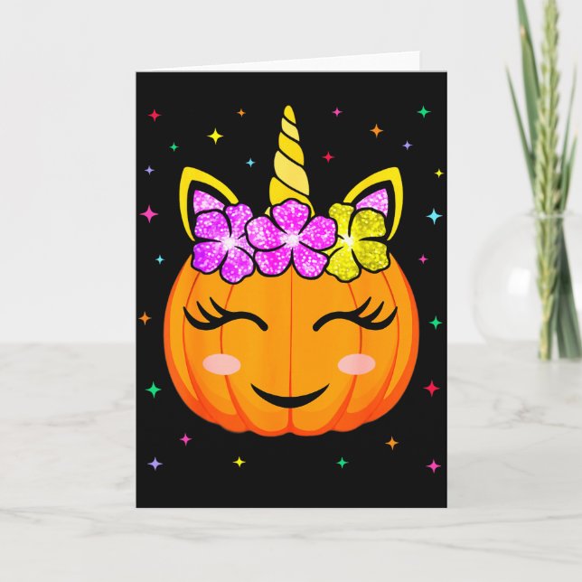 Cute Unicorn Pumpkin Girls Kids Funny Halloween Co Card (Front)