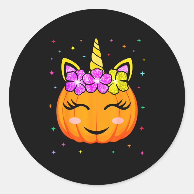 Cute Unicorn Pumpkin Girls Kids Funny Halloween Co Classic Round Sticker (Front)