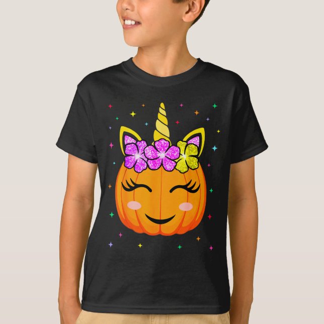 Cute Unicorn Pumpkin Girls Kids Funny Halloween Co T-Shirt (Front)