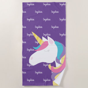 Cute Unicorn Purple Personalised Kids Beach Towel