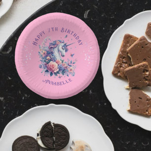 Cute Unicorn Purple Pink Flowers Girls Birthday Paper Plate