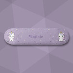 Cute Unicorn Purple Skateboard<br><div class="desc">A purple Skateboard with cute unicorns,  polka dots background and a customizable forename. A great gift for a skateboarder who love Kawaii design and purple color!</div>