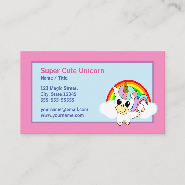 Cute Unicorn. Rainbow and a Pink Background Business Card (Front)
