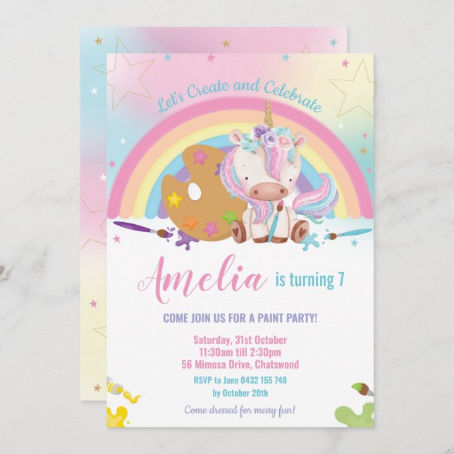 Cute Unicorn Rainbow Art Paint Birthday Party Girl Invitation (Front/Back)