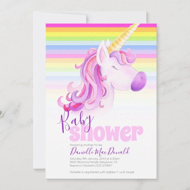 Cute unicorn rainbow baby shower invitations (Front)