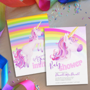 Cute unicorn rainbow baby shower invitations