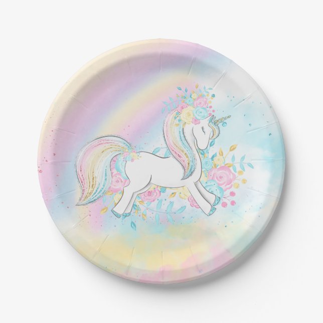 Cute Unicorn Rainbow Baby Shower Paper Plates (Front)