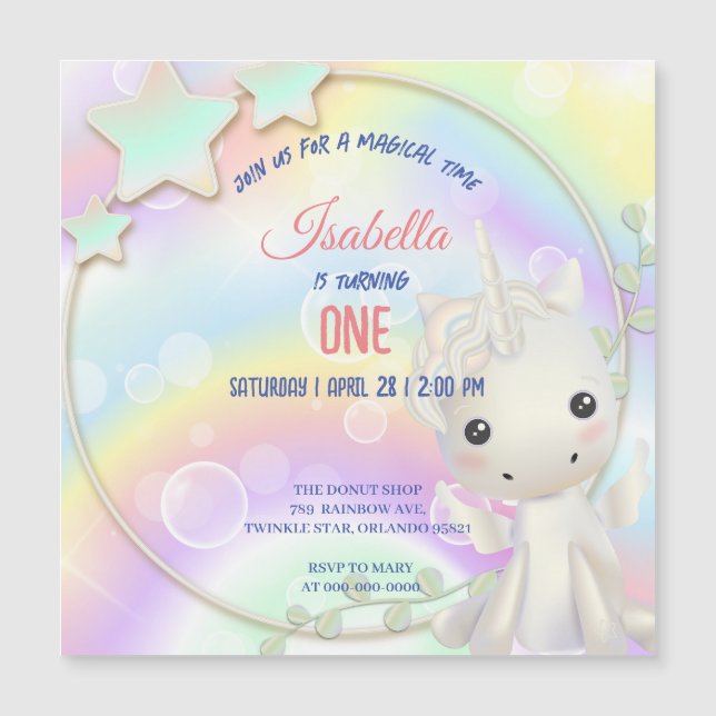 Cute Unicorn Rainbow Birthday Party kids Magnetic Invitation (Front)