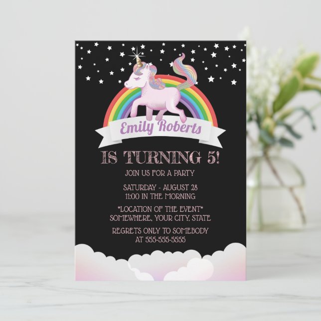 Cute Unicorn & Rainbow Black Birthday Invitation (Standing Front)