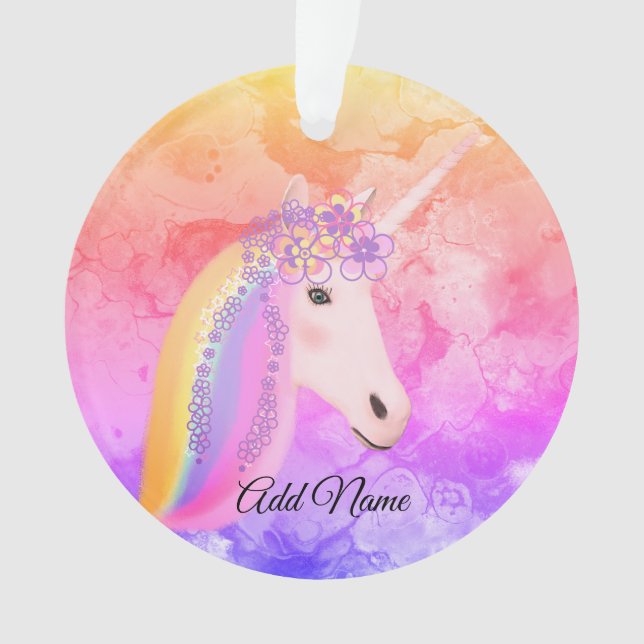 Cute Unicorn Rainbow Colourful Clouds Personalised Ornament (Front)