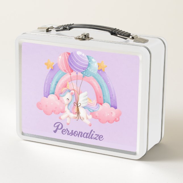 Cute Unicorn Rainbow Colourful Kids Personalised Metal Lunch Box (Front)