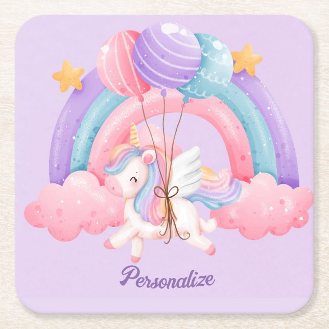 Cute Unicorn Rainbow Colourful Kids Personalised Square Paper Coaster (Front)