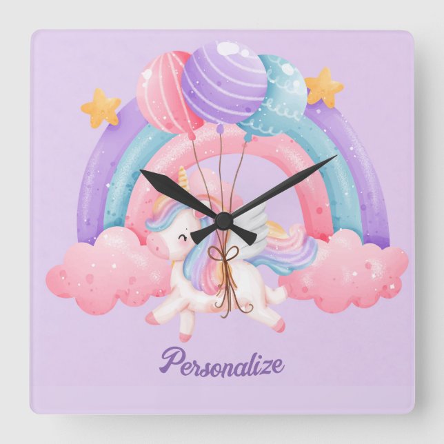 Cute Unicorn Rainbow Colourful Kids Personalised Square Wall Clock (Front)