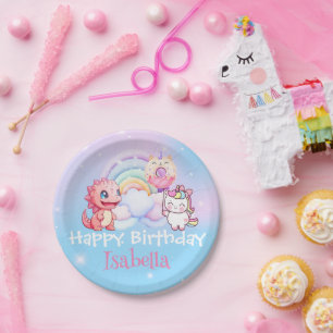 Cute Unicorn Rainbow Dino Doughnut balloon Birthda Paper Plate