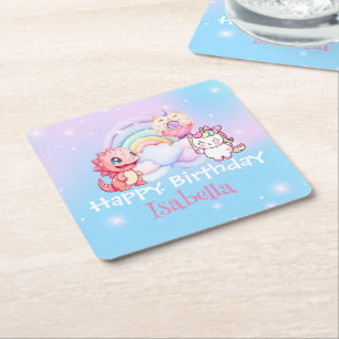 Cute Unicorn Rainbow Dino Doughnut balloon Birthda Square Paper Coaster
