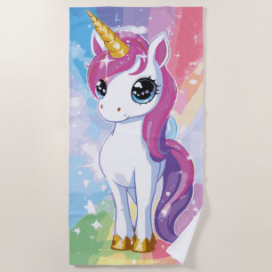 Cute Unicorn Rainbow Fantasy Illustration Beach Towel