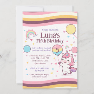 Cute Unicorn Rainbow Girl Fifth Birthday Party Invitation