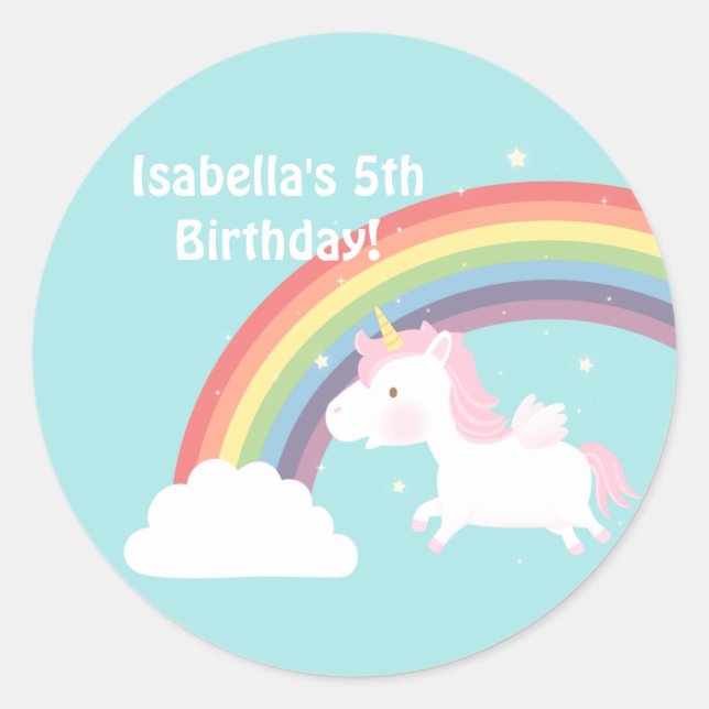 Cute Unicorn Rainbow Girls Birthday Party Classic Round Sticker (Front)