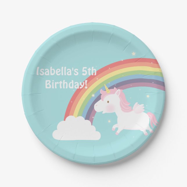 Cute Unicorn Rainbow Girls Birthday Party Supplies Paper Plate (Front)